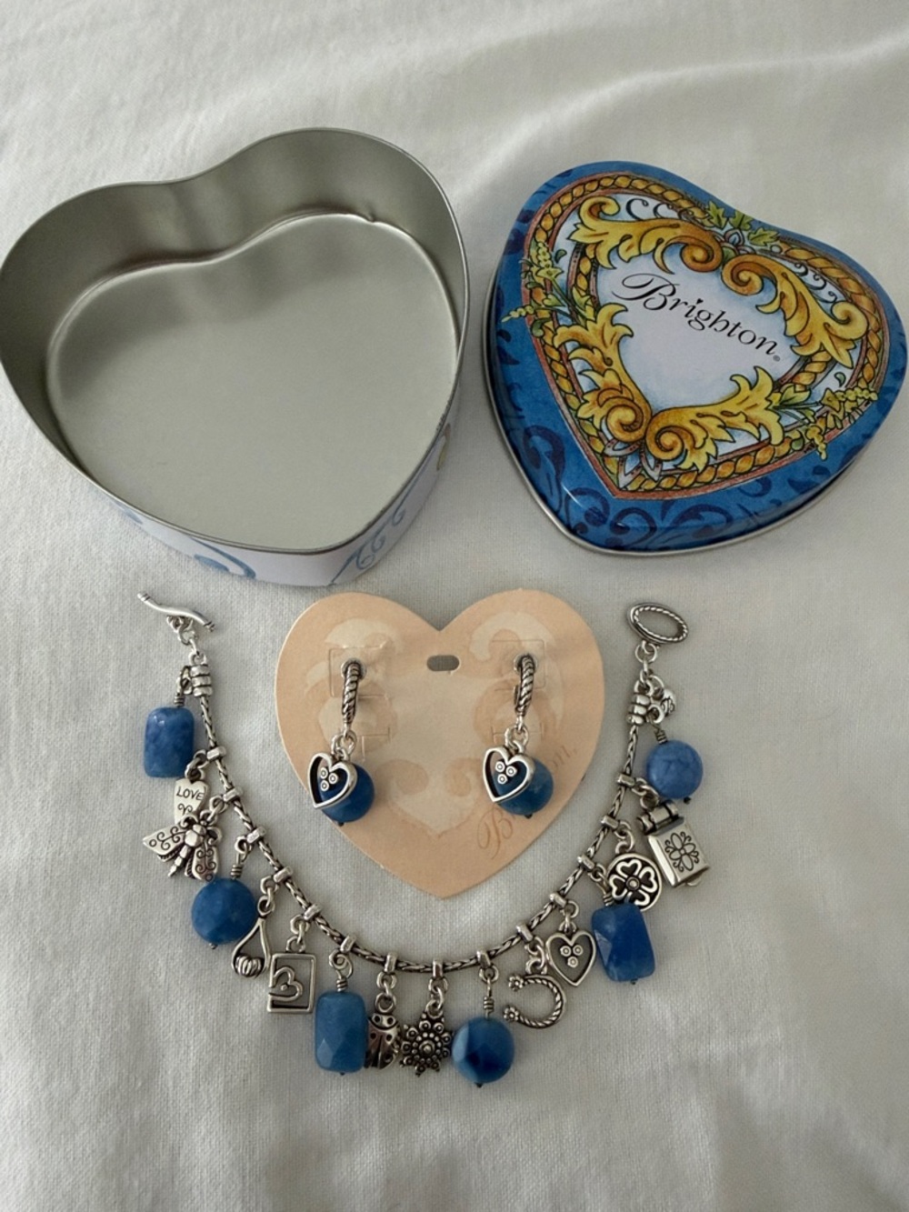 Brighton Blue and Silver Charm Bracelet with Heart Earrings